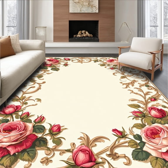 Rose Rug Rug Collection ODIKA 2'x3' Machine Washable Non-Slip Area Rug, Vintage Blooming Rose ...