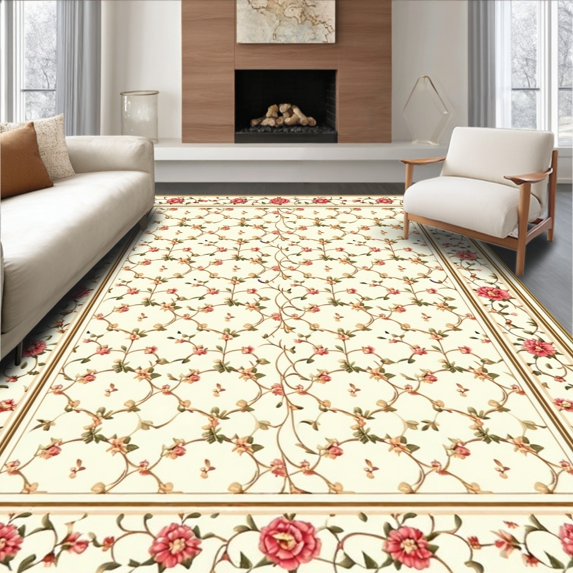 ODIKA 2'x3' Machine Washable Non-Slip Area Rug, Vintage Blossom Lattice with Ornamental Foliage Scrolls High Traffic Rug, Ivory, 270700