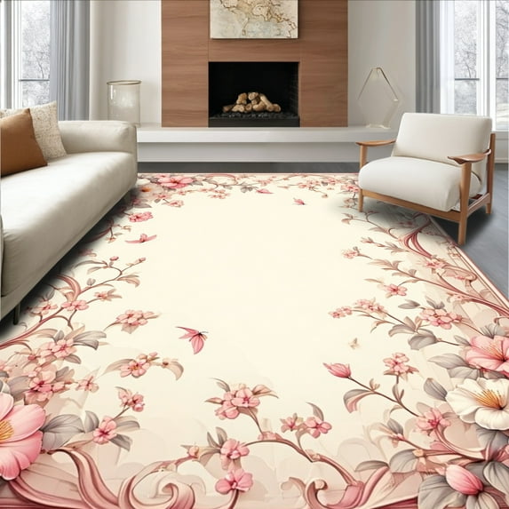 ODIKA 6'x9' Machine Washable Non-Slip Area Rug, Vintage Blossom with Delicate Scrollwork and Floral Highlights High Traffic Rug, Pink, 147229