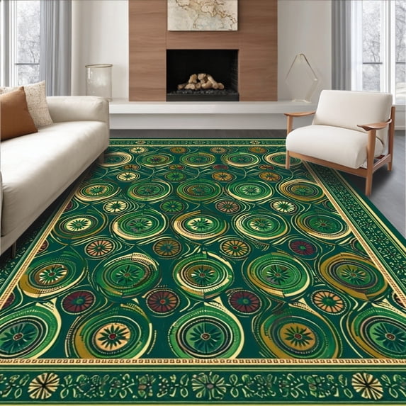 ODIKA 3'x5' Machine Washable Non-Slip Area Rug, Vintage Boho Green Circle with Spiral and Gold Accents High Traffic Rug, Green, 92855