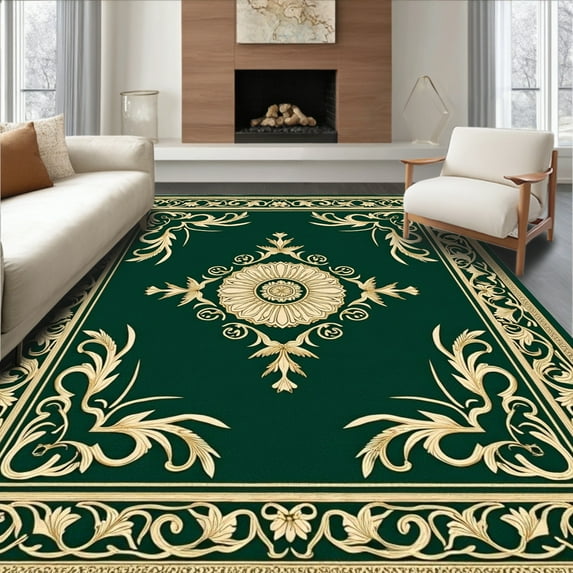 ODIKA 8'x10' Machine Washable Non-Slip Area Rug, Vintage Botanical Medallion with Flourishing Fern and Petal Motifs High Traffic Rug, Green, 297133