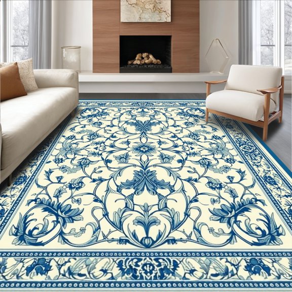 Flatwoven High Traffic Area Rug, Vintage Botanical Scroll Rug with Delicate Leaf Motifs, Non Slip, Stain Resistant, Washable Area Rugs for Living Room, Bedroom(Blue, 5X7)