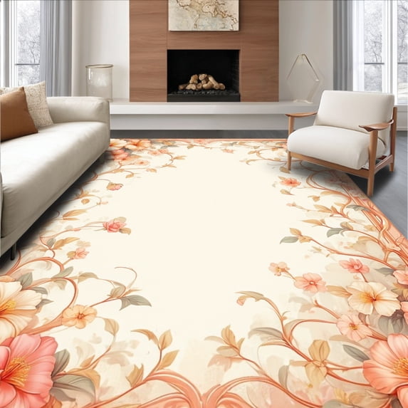 ODIKA 5'x7' Machine Washable Non-Slip Area Rug, Vintage Botanical Scroll with Flourishing Petal Embellishments High Traffic Rug, Peach, 148048