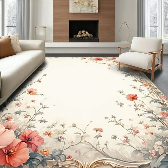 ODIKA 4'x6' Machine Washable Non-Slip Area Rug, Vintage Botanical with Wildflowers and Ornamental Scroll Borders High Traffic Rug, Beige, 79990