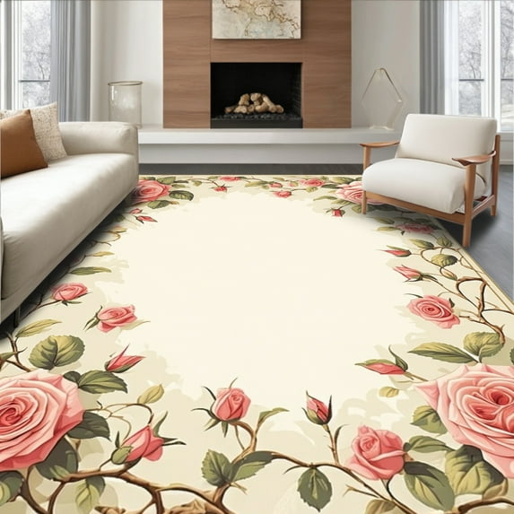 Flatwoven High Traffic Area Rug, Vintage Cottage Floral Round with Elegant Rose, Non Slip, Stain Resistant, Washable Area Rugs for Living Room, Bedroom(Pink, 4X6)