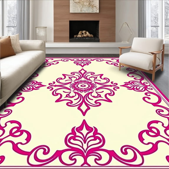 ODIKA 2'x3' Machine Washable Non-Slip Area Rug, Vintage Damask Ornate Scrollwork Throw High Traffic Rug, Pink, 393671