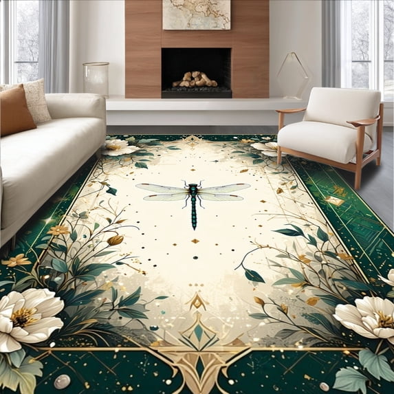 ODIKA 6'x9' Machine Washable Non-Slip Area Rug, Vintage Dragonfly Abstract Flooring High Traffic Rug, Green, 134281