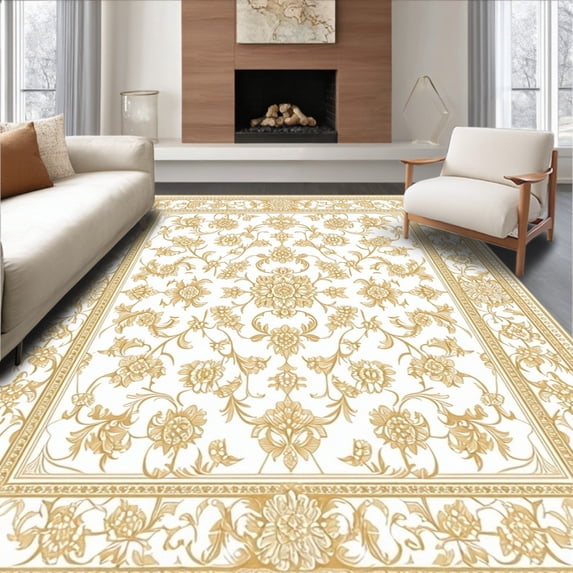ODIKA 6'x9' Machine Washable Non-Slip Area Rug, Vintage Elegance Round with Ornate Detailing in Beige High Traffic Rug, Gold, 45495