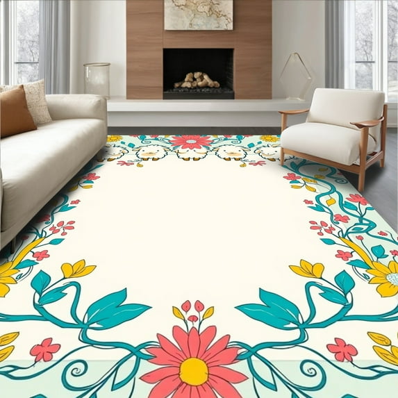 ODIKA 6' Machine Washable Non-Slip Area Rug, Vintage Farmyard Parade with Blooming Floral Details High Traffic Rug, Turquoise, 317461