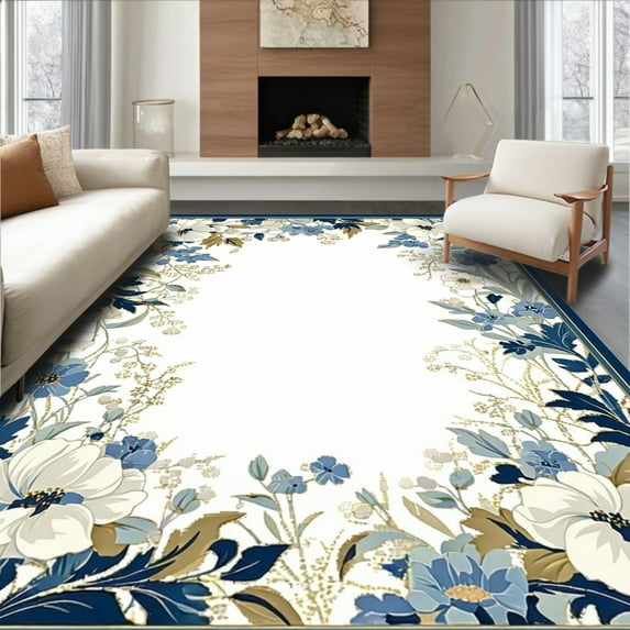 ODIKA 2'x3' Machine Washable Non-Slip Area Rug, Vintage Floral Bordered High Traffic Rug, White, 282818