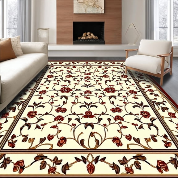 ODIKA 8'x10' Machine Washable Non-Slip Area Rug, Vintage Floral Bow and Leaf with Subtle Poppy Details High Traffic Rug, Beige, 149020