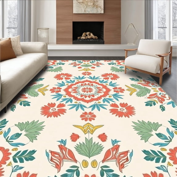 ODIKA 6' Machine Washable Non-Slip Area Rug, Vintage Floral Medallion with Boho Botanical Accents High Traffic Rug, Red, 237275