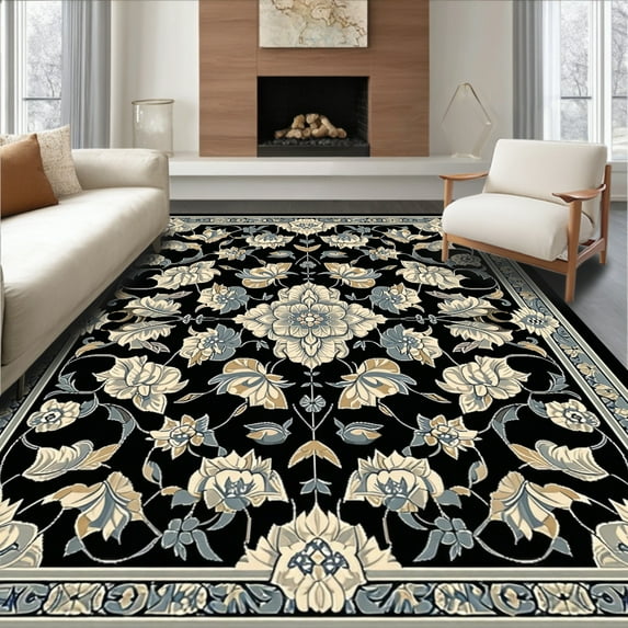 Flatwoven High Traffic Area Rug, Vintage Floral Medallion with Intricate Botanical Motifs, Non Slip, Stain Resistant, Washable Area Rugs for Living Room, Bedroom(Black, 2X3)