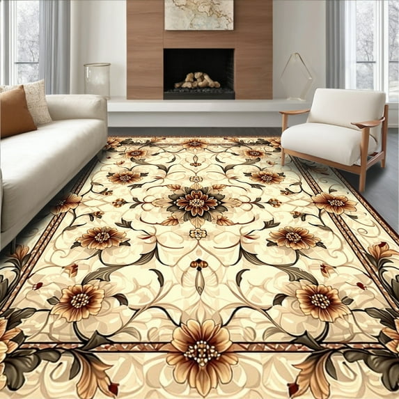 ODIKA 4'x6' Machine Washable Non-Slip Area Rug, Vintage Floral Medallion with Intricate Vine Scrollwork High Traffic Rug, Beige, 206325