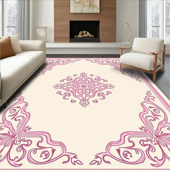 ODIKA 8'x10' Machine Washable Non-Slip Area Rug, Vintage Floral Medallion with Delicate Scrollwork High Traffic Rug, Pink, 284591