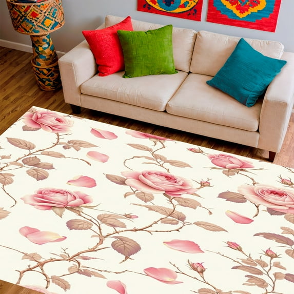 ODIKA 6'x9' Machine Washable Non-Slip Area Rug, Vintage Floral Elegant Rose Petals Design High Traffic Rug, Rose, 125833