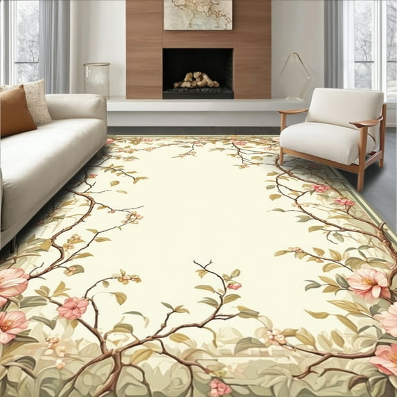 Flatwoven High Traffic Area Rug, Vintage Floral Small Entrance, Non Slip, Stain Resistant, Washable Area Rugs for Living Room, Bedroom(Beige, 6X9)