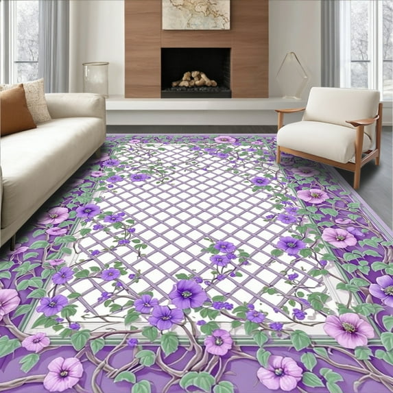ODIKA 2'x3' Machine Washable Non-Slip Area Rug, Vintage Floral Trellis with Stylized Blossoms and Interlocking Latticework High Traffic Rug, Purple, 230447