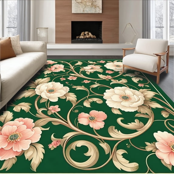ODIKA 4'x6' Machine Washable Non-Slip Area Rug, Vintage Garden Bloom with Intricate Floral Scrollwork High Traffic Rug, Green, 204827