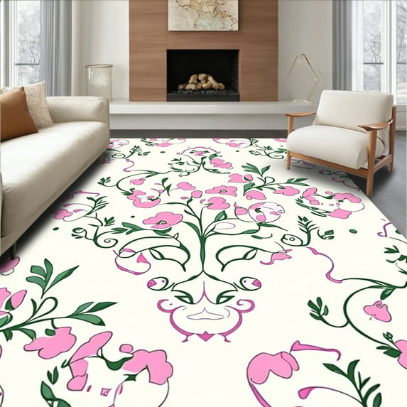 ODIKA 3'x5' Machine Washable Non-Slip Area Rug, Vintage Garden Medallion Featuring Stylized Blossoms and Leaf Scrolls High Traffic Rug, Beige, 239452