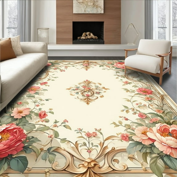 ODIKA 8'x10' Machine Washable Non-Slip Area Rug, Vintage Garden Medallion with Flourishing Floral Scrollwork and Ribbon Details High Traffic Rug, Pink, 211968