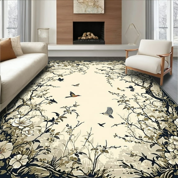 Flatwoven High Traffic Area Rug, Vintage Inspired Floral and Animal Motif with Delicate Swirls, Non Slip, Stain Resistant, Washable Area Rugs for Living Room, Bedroom(Beige, 4X6)