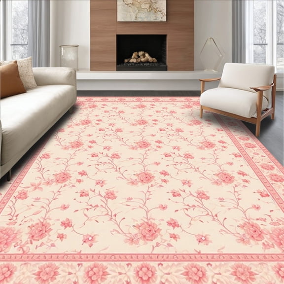 ODIKA 4'x6' Machine Washable Non-Slip Area Rug, Vintage Inspired Floral with Non Slip Design and Subtle Pink Hues High Traffic Rug, Ivory, 84706