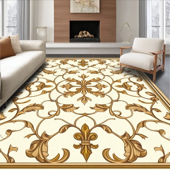 ODIKA 8'x10' Machine Washable Non-Slip Area Rug, Vintage Inspired Hooked Featuring Classic Fleur de and Vine High Traffic Rug, Beige, 228721
