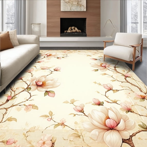 ODIKA 4'x6' Machine Washable Non-Slip Area Rug, Vintage Inspired Floral Motif with Delicate Swirling Vines High Traffic Rug, Beige, 203465