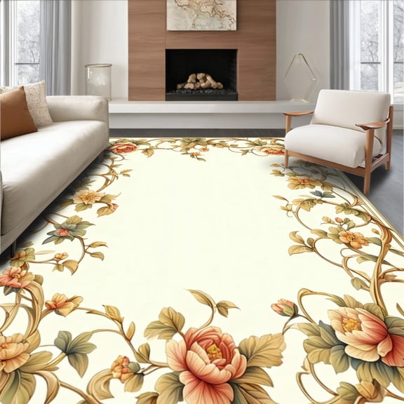Flatwoven High Traffic Area Rug, Vintage Inspired Scroll Runner with Ornate Interlaced Floral, Non Slip, Stain Resistant, Washable Area Rugs for Living Room, Bedroom(Beige, 2X3)