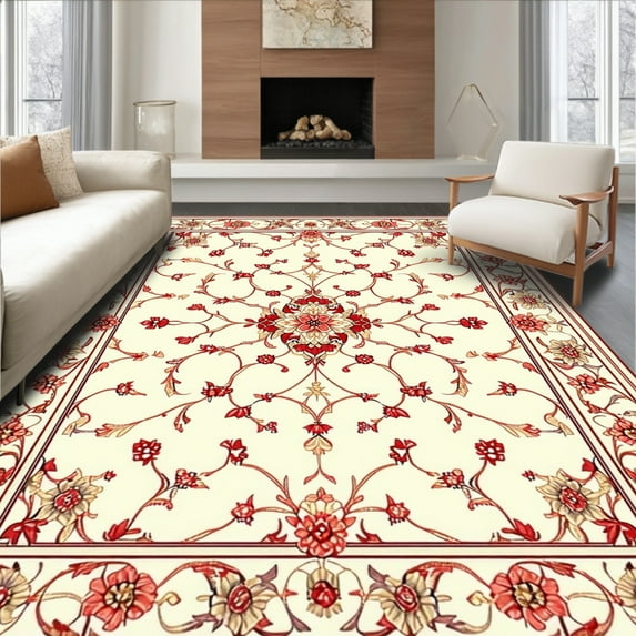 ODIKA 4'x6' Machine Washable Non-Slip Area Rug, Vintage Inspired Symmetrical Featuring Layered Floral and Vine Scrolls High Traffic Rug, Beige, 203140
