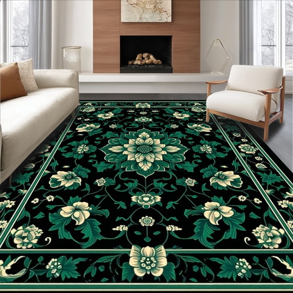 ODIKA 6'x9' Machine Washable Non-Slip Area Rug, Vintage Medallion Abstract Boho With Ornate Floral Motifs High Traffic Rug, Black, 146096