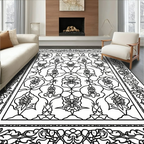 Flatwoven High Traffic Area Rug, Vintage Medallion Motif Monochrome Harmony, Non Slip, Stain Resistant, Washable Area Rugs for Living Room, Bedroom(Black, 4X6)