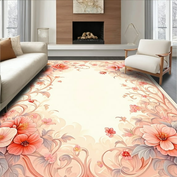 ODIKA 8'x10' Machine Washable Non-Slip Area Rug, Vintage Medallion Tile with Hand Drawn Wildflower Filigree Motifs High Traffic Rug, Peach, 217296