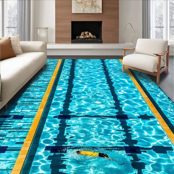 Flatwoven High Traffic Area Rug, Vintage Multi Pool Decor Absorbent Floor Mat, Non Slip, Stain Resistant, Washable Area Rugs for Living Room, Bedroom(Blue, 2X3)
