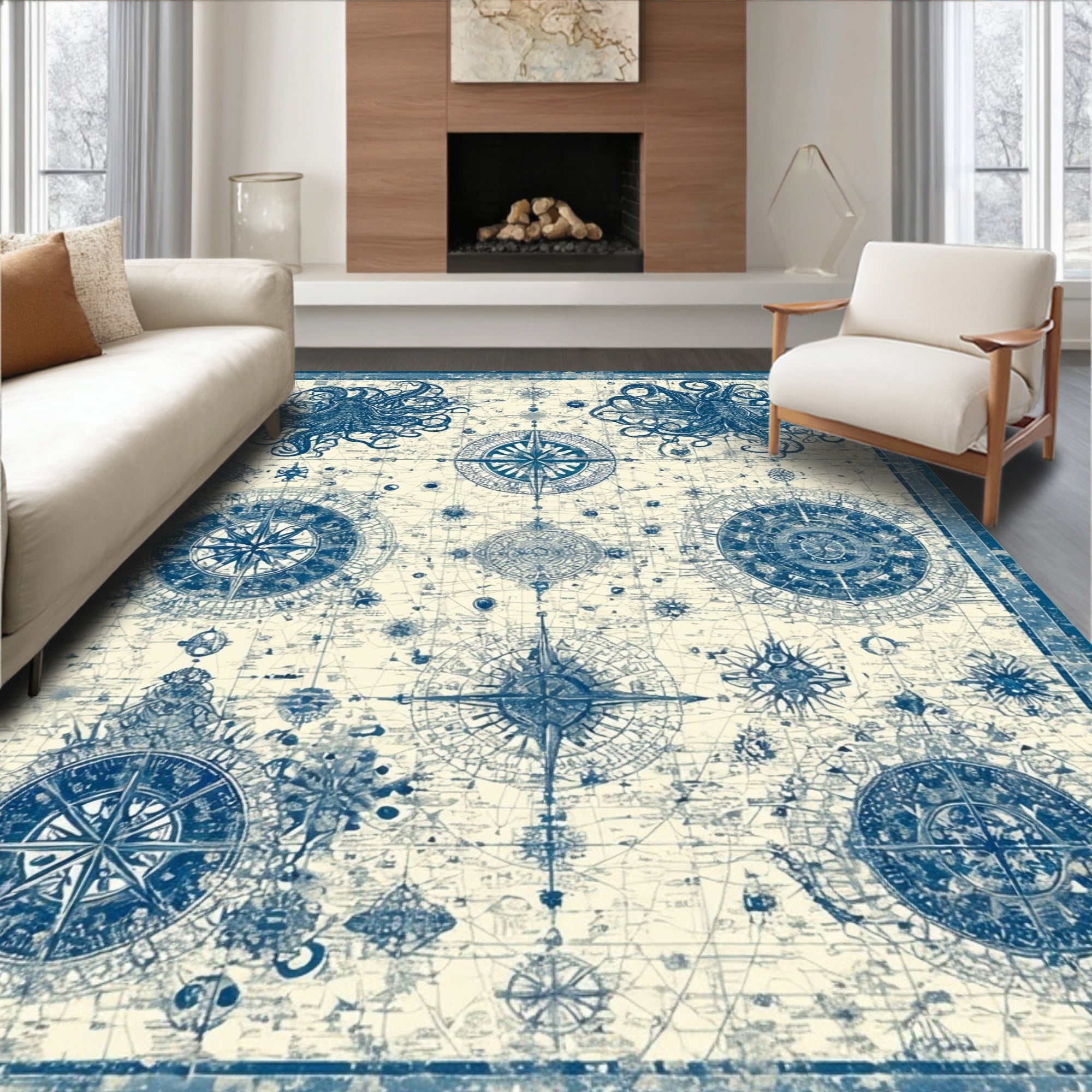 ODIKA 8'x10' Machine Washable Non-Slip Area Rug, Vintage Nautical Map ...