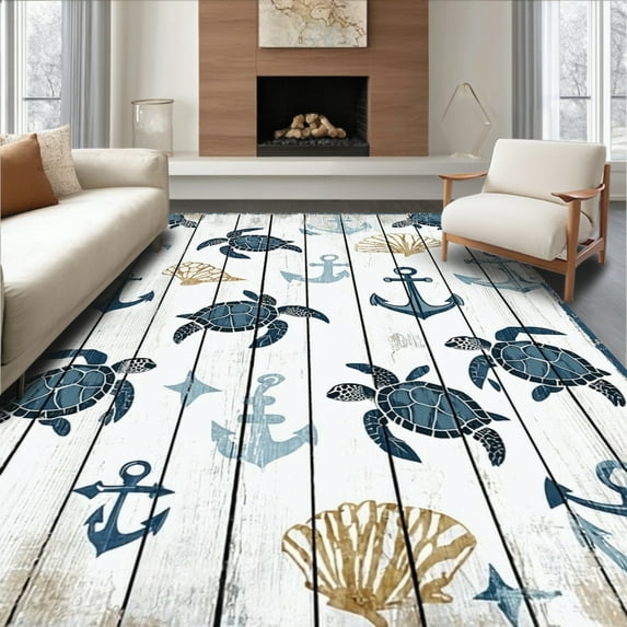 ODIKA 6'x9' Machine Washable Non-Slip Area Rug, Vintage Nautical with Sea and Anchor Motif High Traffic Rug, White, 86310