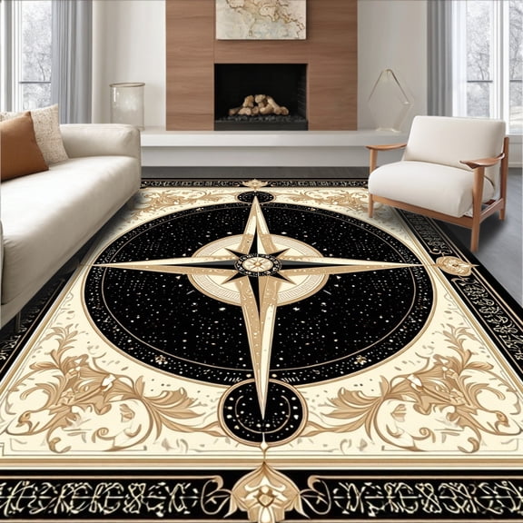 Flatwoven High Traffic Area Rug, Vintage Prairie Compass Featuring Elegant Beige and Onyx Design, Non Slip, Stain Resistant, Washable Area Rugs for Living Room, Bedroom(Black, 4X6)