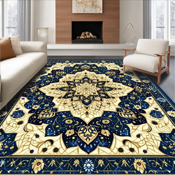 ODIKA 8'x10' Machine Washable Non-Slip Area Rug, Vintage Print Entryway High Traffic Rug, Gold, 148853