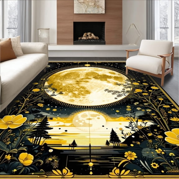 ODIKA 8'x10' Machine Washable Non-Slip Area Rug, Vintage Sun and Moon High Traffic Rug, Gold, 83231