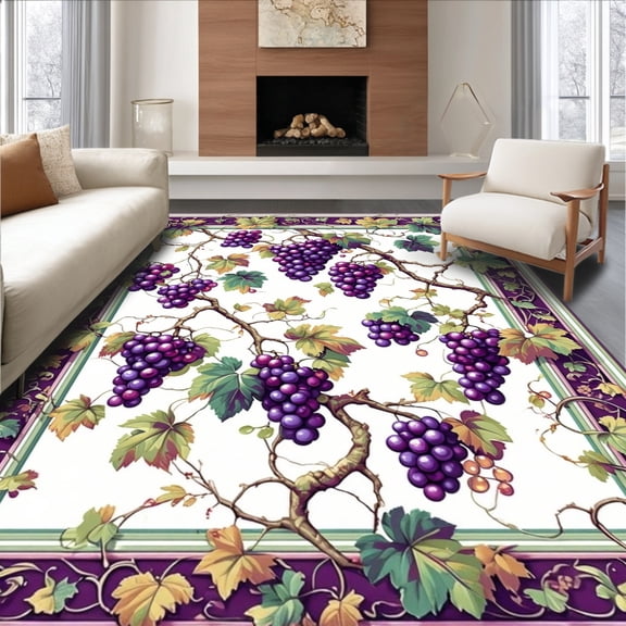 ODIKA 8'x10' Machine Washable Non-Slip Area Rug, Vintage Vineyard Grape Cluster With Twisting Vines And Leafy Accents High Traffic Rug, Purple, 181503