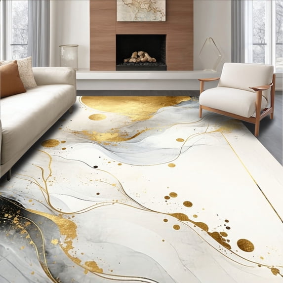ODIKA 8'x10' Machine Washable Non-Slip Area Rug, Vintage Gold Swirl Abstract Grey Yellow Fluid Art High Traffic Rug, White, 109023