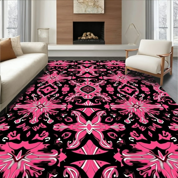 ODIKA 3'x5' Machine Washable Non-Slip Area Rug, Vintage Wildcat Art Interlocking Print with Floral Infusions High Traffic Rug, Pink, 291043