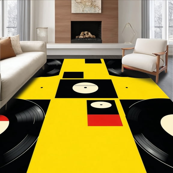 ODIKA 5'x7' Machine Washable Non-Slip Area Rug, Vinyl Record Accent High Traffic Rug, Black, 1692