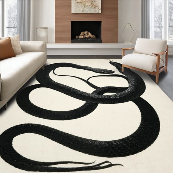 Flatwoven High Traffic Area Rug, Viper Vortex Noir Enchanting Reptile Weave Monochrome Art Decor, Non Slip, Stain Resistant, Washable Area Rugs for Living Room, Bedroom(Black, 2X3)
