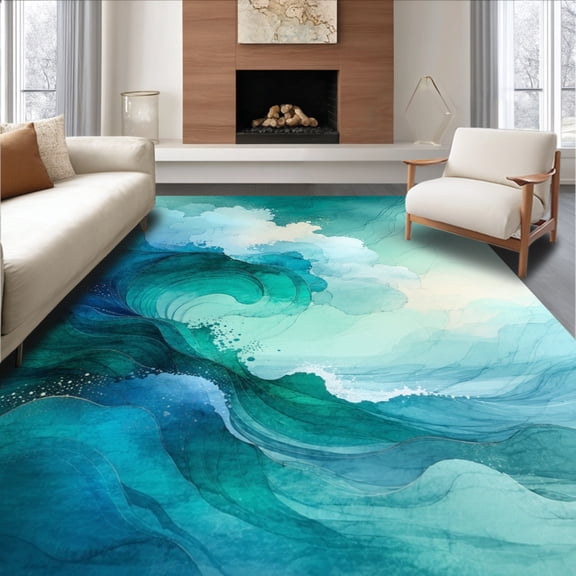 ODIKA 8'x10' Machine Washable Non-Slip Area Rug, Watercolor Wave Abstract Elegant Splash Accent High Traffic Rug, Teal, 165104