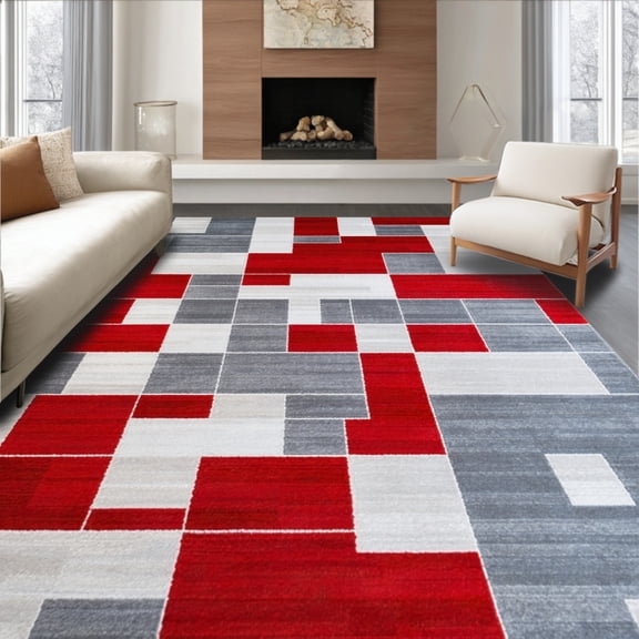 ODIKA 4'x6' Machine Washable Non-Slip Area Rug, Waterproof Patio with Anthracite Accents High Traffic Rug, Red, 64077