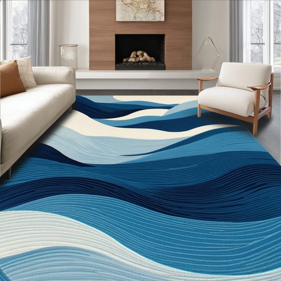 Flatwoven High Traffic Area Rug, Wave Reversible Waterproof & Patio Floor, Non Slip, Stain Resistant, Washable Area Rugs for Living Room, Bedroom(Blue, 4X6)