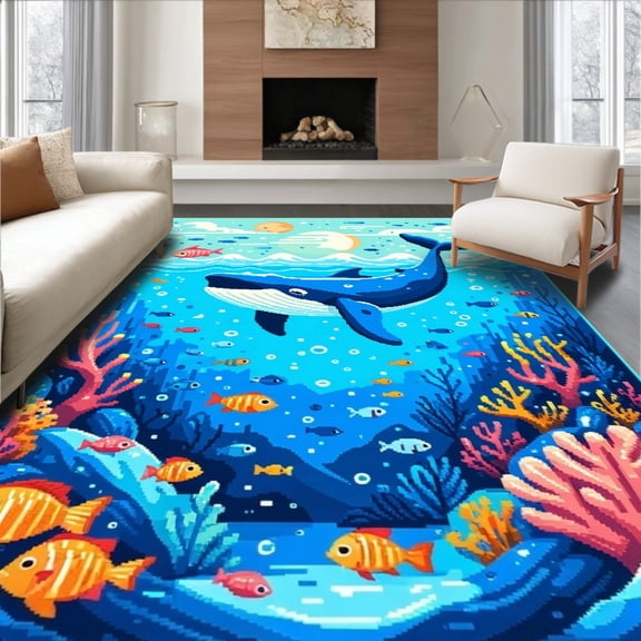 ODIKA 4'x6' Machine Washable Non-Slip Area Rug, Whale Adventure Ocean for High Traffic Rug, Blue, 84016