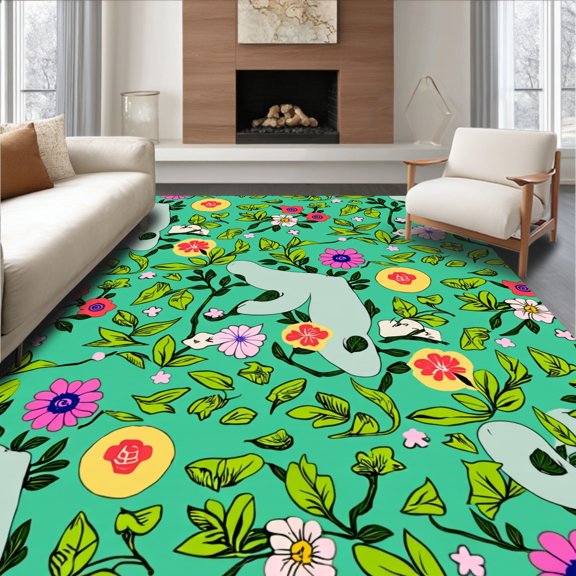 Flatwoven High Traffic Area Rug, Whimsical Animal Themed Botanical Motif with Nature Elements, Non Slip, Stain Resistant, Washable Area Rugs for Living Room, Bedroom(Green, 6X9)